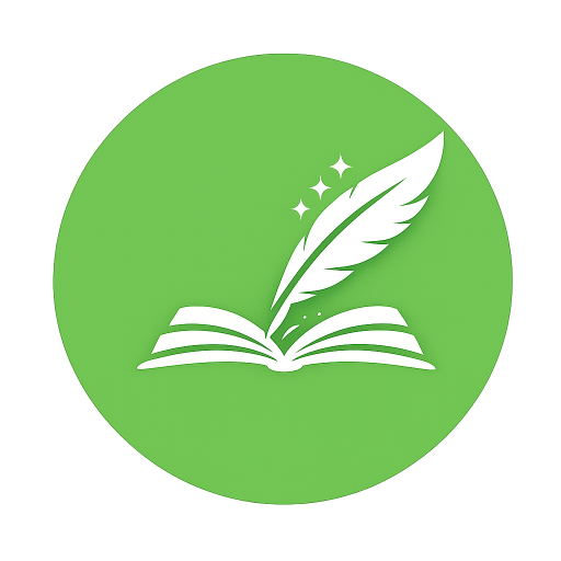 logotips zaļā aplī ar baltu atvērtas grāmatas, spalvaskāta un mirdzošu zvaigznīšu siluetu
